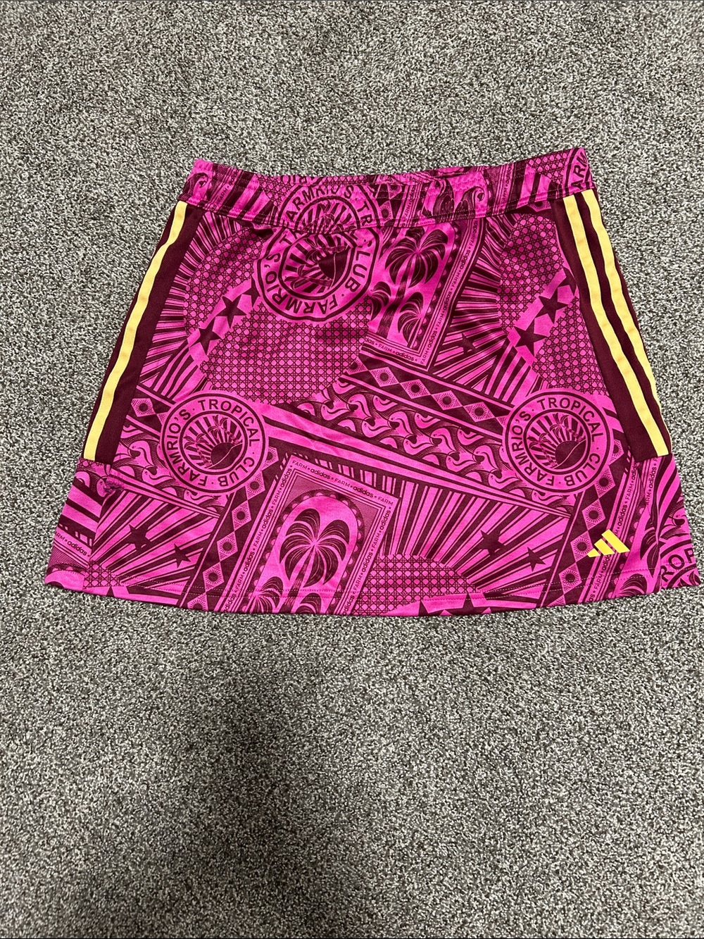 adidas x FARM RIO Pink Graphic Mini Skirt with Yellow Stripe Accents